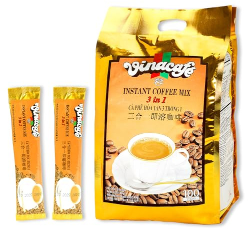 Vinacafe Vietnamese Instant Coffee 100 Sticks 3 in 1 Milk Coffee Blend, Smooth Medium Roast Instant Mix for Fast Brewing at Office or Travel