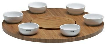grill-onlineshop Drehtisch aus Bambus mit 6 Keramik Schalen, Durchmesser 48cm, Höhe 4,8cm