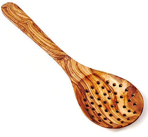 DAS OLIVENHOLZBRETT® Kochlöffel, Seiher mit Löchern 35cm, Loeffel, gross, Holzloeffel, Holz, Olivenholz