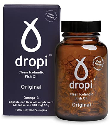 Dropi Icelandic Fish Oil - Extra Virgin Cod Liver Oil (EVCLO) - Natural Source of Vitamin A & D3 - Cold-Processed, Traceable & Pure from the Westfjords Pristine Atlantic Fishing Grounds (60 x 500mg)