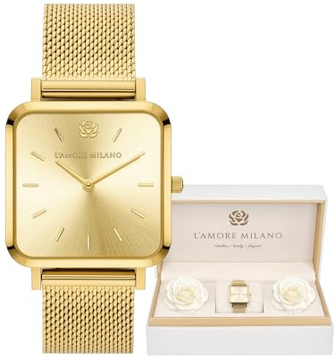 L'AMORE MILANO - Montre Femme Cadeau Noel, Montre-Bracelet et Son Coffret Contenant de Rose eternelle - Idee Cadeau Femme - Cadeau Femme Disponible en doré, argenté, et Rose métallisé
