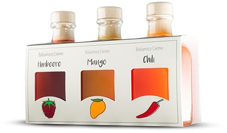 FOODOKO FINEST - Balsamico Essig Creme Geschenkset mit Himbeer-, Mango- & Chili in 3x100ml Fläschchen, Feinkost aus Spanien