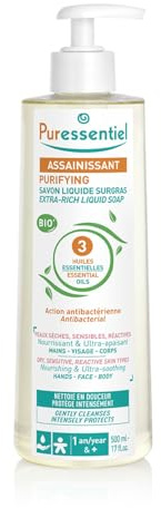Puressentiel - Assainissant - Savon Liquide Surgras aux 3 Huiles essentielles BIO - Visage, Mains et Corps - Peaux Sèches, Sensibles et Réactives - Nettoie & Protège - Antibactérien - 500 ml