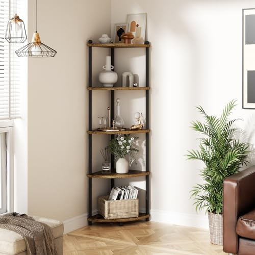 Ruichang Eckregal stehend mit 5 Ebenen, bücherregal, Standregal, Aufbewahrungsregal, Lagerregal für Küche, Bad, Wohnzimmer, Büro, 143.5 x 29 x 29 cm, Schwarz