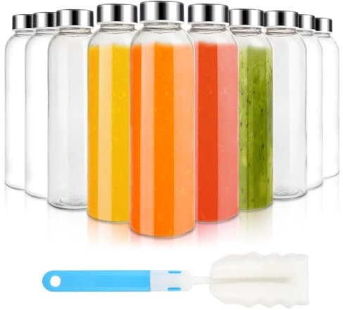 Sursip 24oz Glass Water Bottle Set of 10, Leak Proof Clear glass juice bottle for juicing, Reusable Drinking Bottles with Stainless Steel Lid, Beverage Storage Containers for Refrigerator-BPA Free