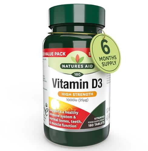 Natures Aid Vitamin D3 1000iu Supplement – 180 Tablets | High Strength, Supports Bone, Muscle & Immune Health, Essential Nutrient, Vegan, Non-GMO, Gluten-Free