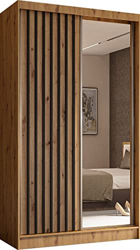 WFL GROUP Moderner Kleiderschrank Schwebetürenschrank mit Spiegel und Holzlamellen 120 150 160 180 240 cm - Kleiderschrank für Schlafzimmer mit Schwebetüren - Kleiderstange