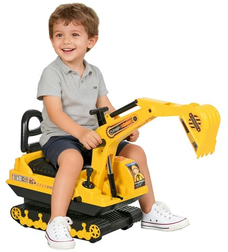 HOMCOM Excavadora sin Pedales para Niños de 18-48 Meses Excavadora Correpasillos Camión de Construcción con Asiento de Almacenamiento Pala Delantera y Bocina Carga 30 kg 78x24x58,5 cm Amarillo