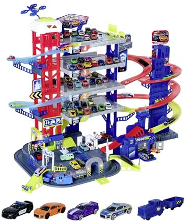 Majorette – Super Chase Center - Parkhaus mit 6 Etagen, mit Verfolgungsjagd, Parkgarage für Kinder ab 5 Jahren, inkl. Spielzeugautos, Zug, Aufzug, Licht & Sound, Black