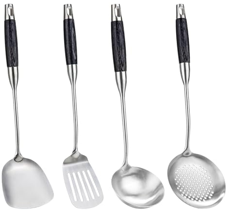 FJNATINH Ensemble de spatules pour wok, louche, cuillère à mousse et spatule à fentes, 36-39 cm, Ensemble de spatules pour wok compatible lave-vaisselle, 4 pièces