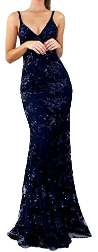 Damen Pailletten Meerjungfrau Lange Ballkleider V-Ausschnitt Spaghetti-Träger Rückenfrei Glitzernde Formelle Abend Party Kleid