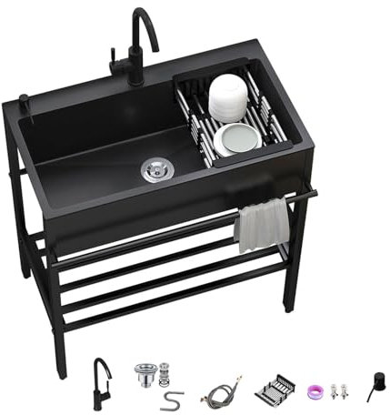 WORDFUN Spülbecken Edelstahl Freistehender, Spüle Gewerbliche Küchenspüle Waschbecken, Outdoor-kommerzielles Einzelbecken, Standwaschbecken Für Garage, Werkstatt, Waschküche, Camping(55x45x86cm)