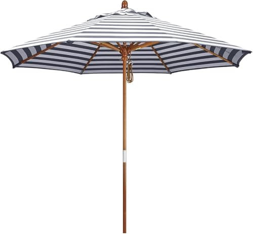 Gestreifter Terrassenschirm für den Außenbereich, 2,7 m, Gartenschirm, wasserdicht, Sonnenschutz, faltbarer Holz-Sonnenschirm für Balkon, Deck, Terrasse, Strandschirm (Größe: 270 cm, Farbe: Blau)