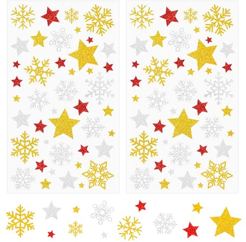 344x Aufkleber Weihnachten, Glitzer Stern Weihnachtssticker, 8 Bogen Schneeflocken Gold Sterne Sticker, Selbstklebend Weihnachtsaufkleber für Karten Scrapbooking Geschenke Basteln Adventskalender