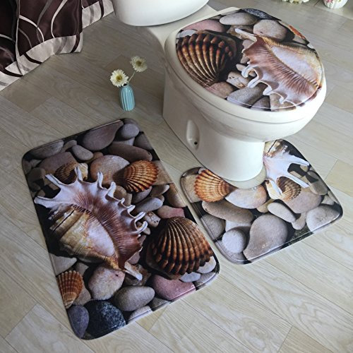 Bad Teppiche Set Braun Orange Shell Badezimmerteppich Waschbar WC Vorleger mit Ausschnitt und WC Deckelbezug 3 Teilig Badematte rutschfest Toilettensitzbezug Badgarnitur 45x75 cm