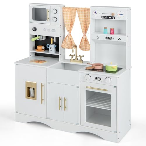 COSTWAY Barnkök med matlagningstillbehör, lekkök trä med mikrovågsugn och kaffebryggare, glassmaskin, handfat och ugn, leksakskök, träkök för barn från 3 år (vit)