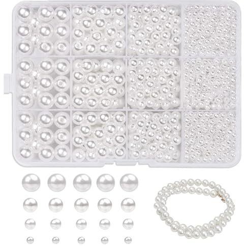Yuqilin 1320 Piezas Abalorios, Se Puede Roscar Perlas para Pulseras, Decoración Collar Perlas Bricolaje, para Collares, Pulseras, Horquillas, Broches, Ramos de Novia, (Blanco Puro)