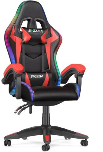 bigzzia Silla Gaming con Luces LED,Silla Ergonómica Gaming,Altura Regulable Silla con Apoyo Lumbar y Reposacabezas, Respaldo Inclinable hasta 155° (Utilización RGB, Red)