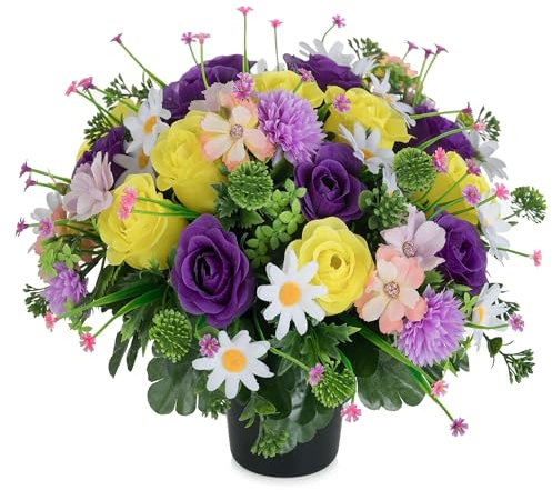 Memobloom Artificial Flowers for Graves Pots: Purple Yellow Roses Grave Flower Pots Spring Silk Cemetery Ornaments for Outdoor Decoration - Fake Funeral Memorial Bouquet with Holders for Graveside
