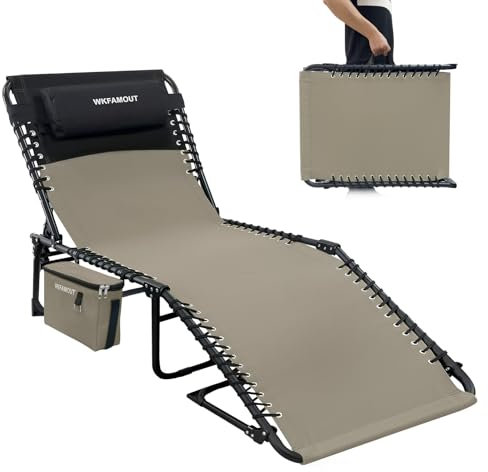 WKFAMOUT Sonnenliege Campingliege Klappbar 5-Stufig Verstellbarer Rückenlehne Outdoor Gartenliege Strandliege Campingbett Klappbett mit Abnehmbaren Kühltasche Kissen 190x59CM Khaki