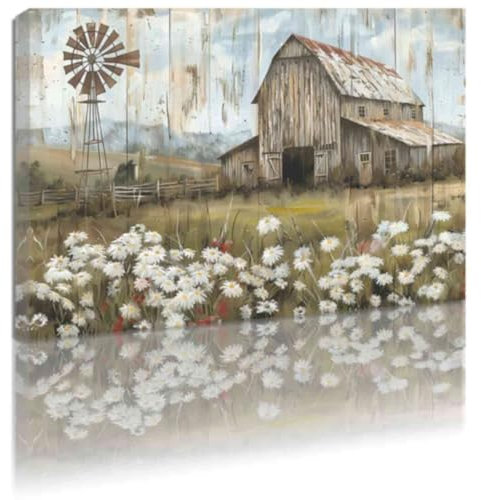 ZQQART Bilder mit Windmühle und Scheune Leinwandbild Wanddekoration Bauernhaus Landschaft Wanddrucke Landschaft Scheune Wildblumen Gemälde Wohnzimmer Dekor (Braun,40x60cm)