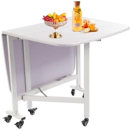 SanBouSi Esstisch Klappbarer Küchentisch mit 6 Rollen, Esszimmer Tisch Stahlbeine Weiße Holzmaserung Klapptisch für 4-6 Personen, Esszimmertisch für kleine Räume, Küche, Esszimmer