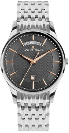 JACQUES LEMANS - Armbanduhr Date London - Quartz Uhrwerk - Gehäusedicke: 8 mm - Gehäusebreite: 40 mm - Edelstahl - Grey - Silver - 5 ATM