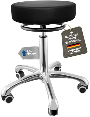 generisch Rollhocker bis 160 kg belastbar, XXL höhenverstellbar bis 72 cm - Arbeitshocker mit Aluminiumfuß - Drehhocker mit Ringauslöser - Kunstledersitz - ideal für Büro, Praxis & Spa