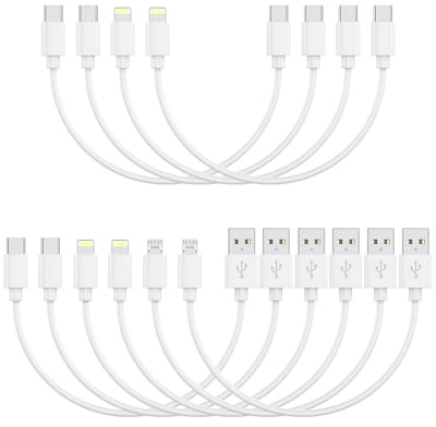 [30CM, 10-Pack] Multi Short USB C/Lightn-ing/Micro Mixed Cables, Multiple Fast Charge & Sync Short USB Cables Bulk for Charging Station for iPhone17&15, iPhone5-14, iPads, Mobiles, Tablets - White