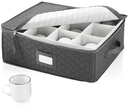 YUNYODA Mug and Cup Storage Box with Dividers, 2 Pack China Storage Containers Holds 24 Glassware, Foldable Coffee Mugs and Tea Cups Organizer with Label Window and Handles(Grey)