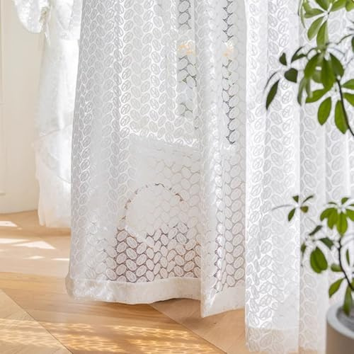 Vordesack Jacquard Gardine mit Blatt-Lochstickerei Weiß HxB 120x80cm | Scheibengardine mit Blattmuster Elegante Gardinenstore für Wohnzimmer, Balkon & Kinderzimmer mit Stangendurchzug 1 Stück
