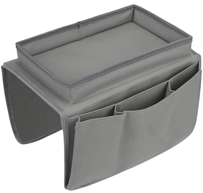 YUEMUZY Sofa Armrest Organizer with Cup Holder Tray and 5 Pockets - Multi-Device Storage for Remote Controls, Snacks, Handset Holder Armchair Storage Bag (Grey)