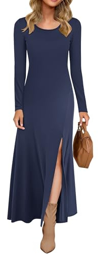 AUSELILY Women Long Sleeve Dress UK Maxi Ladies Slit Elegant Long Dresses Navy Blue M