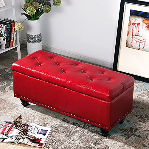 Kunstlederbank, Pu-Leder-bettbank Mit Stauraum, Moderne Fußhocker Für Zuhause Schlafzimmer Wohnzimmer Multifunktionsbänke-Dunkelrot 60x40x45cm(24x16x18inch)