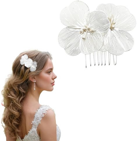 COYUN 1 Stück Braut Haarschmuck Silber Für Damen,Blume Braut Steckkamm, Haarschmuck Hochzeit Konfirmation Mädchen, Metall Seitenkämme Spaltzahn Haarkamm,Kommunion Brautschmuck(Silber)