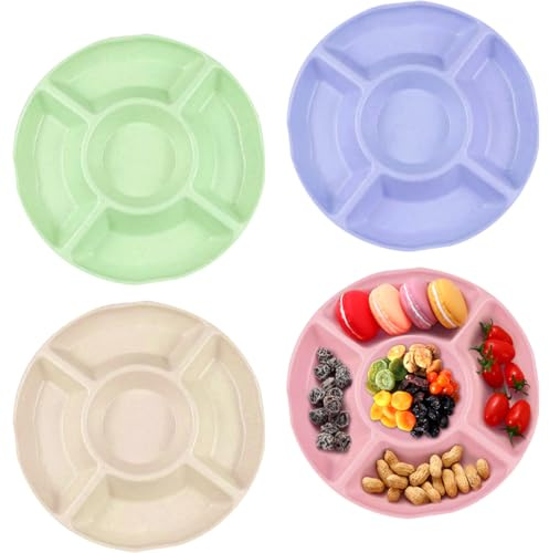XZMCAT 4 Stück Snackteller mit Fächern, Snackteller Snackschale mit 5 Fächern Rund, Bunte Obstteller, Wiederverwendbar Snack Teller für Desserts Süßigkeiten Trockenfrüchte Home Party