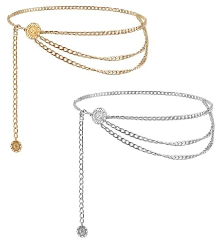 2PCS Ceinture Chaine Dorée Femme, Argent, Or, Chaîne de Taille Réglable en Métal Multicouche avec Pendentifs, Ceinture Femme en Métal, Soirées, Tenues Chic ou Décontractées