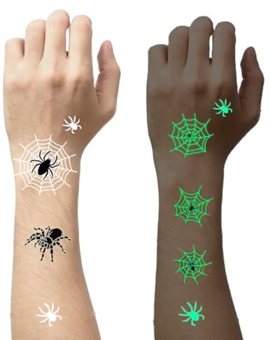 AEKZOX 10 Blätter Halloween Tattoo Kinder, Leucht Spinne Tattoo für Jungen Mädchen, Spinnennetz temporäre Tattoo Aufkleber, Halloween Cosplay Gesicht Make-up Zubehör, Mitgebsel Party Geschenke
