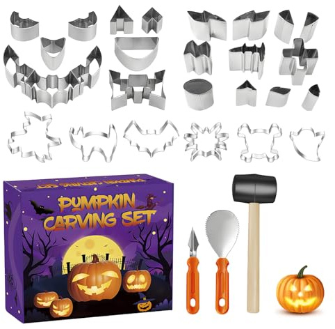 Foonary 30 Stück Halloween Kürbis Schnitzset - Edelstahl DIY Kürbis Schnitzwerkzeug Ausstechformen, Inklusive Gummihammer, Halloween Ausstecher, für Kinder & Erwachsene