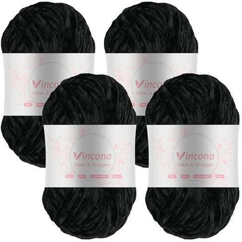 Vincona Lana de chenilla lanas para crochet，4 x 100g hilos para crochet Suave y cómoda, ideal para tejer suéteres, calcetines, bufandas, bolsos, mantas, cojines, muñecas Negro