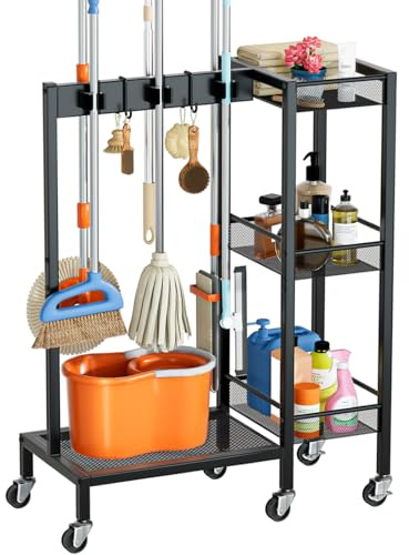 HPLWYM Broom Holder with Cleaning Supplies Organizer, Narrow Cleaning Cart with Wheels, Cleaning Rack with 3-Tier Shelves, 6 Grippers, 2 Double-Hooks for Housekeeping Laundry Garage