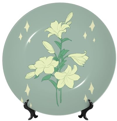 ZQYTGFDC Plato decorativo de porcelana de hueso de 15 cm, diseño de lirios blancos de dibujos animados, platos de cena de cerámica, manualidades con soporte de exhibición