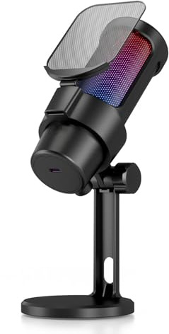 Dioche Kit de Microphone de Jeu USB, éclairage RVB, Mode Cardioïde avec Trépied, Fonction Sourdine en Un et Bouton de Gain pour Jeux/Streaming/Enregistrement – ​​Compatible avec PC/iOS/ (Black)