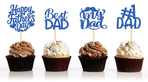 Happy Fathers Day Cupcake Toppers, 12pcs Fathers Day Cake Decorations Glitter Blue Best Dad Cupcake Toppers Food Fruit Picks Father'sday Dad Birthday Party Decorations Supplies