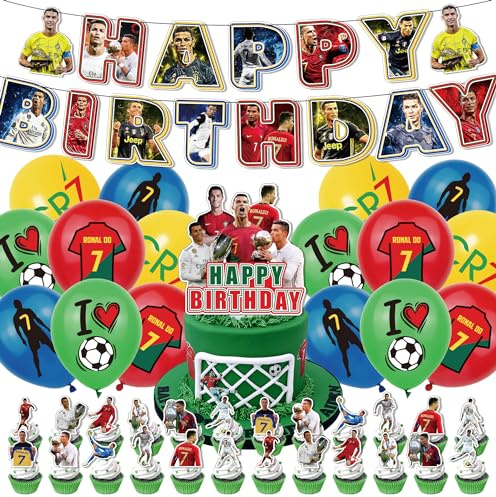 Football Star CR7 Birthday Party Decorations Supplies: Banner, Balloons, Cake Toppers Cupcake Toppers Cake Decoration, Ribbon