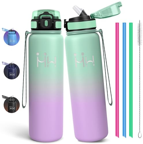 Mulbijeo Botella 1L, Sin BPA, Acero Inox, Botella Aislante Impermeable Doble, Cantimplora, con Paja, Apta Bebidas Gas, Cepillo