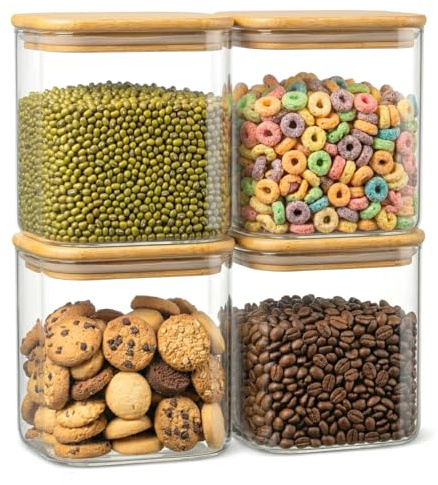 SUNNYNEST Glass Storage Jars with Bamboo Lids Set of 4, 900ML Airtight Square Kitchen Canisters, Clear Pantry Containers for Flour, Rice, Pasta, Cereal, Coffee & Sugar