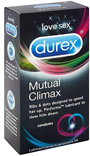Durex Mutual Climax, 12 Condoms, Regular Fit, With Performa Silicone Lube | Ribbed & Dotted for Extra Stimulation, Performa Silicone Lube, Slow Him Down, Speed Her Up, Regular Fit, Easy On, Teat Ended