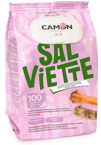 Camon Lingettes nettoyantes pour Le Nettoyage des Cheveux, Parfum Mousse et Aloe – 30 x 17 cm – 100 pièces pour Chiens et Chats