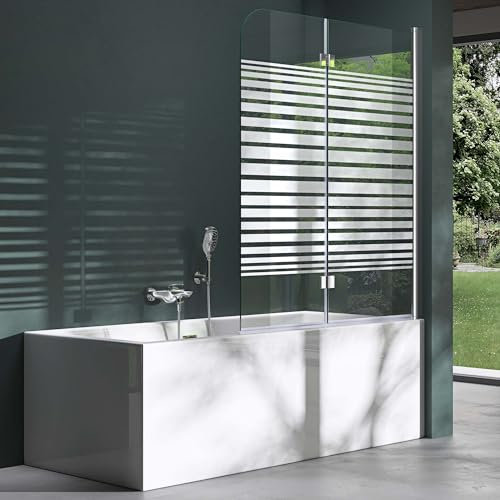 Mai & Mai Folding Bath Shower Screen 6mm Chrome Safety Tempered Glass Easy Cleaning Coating 120x140cm Shower Screen for Bathtub 180 °Striped Glass ESG C1408S